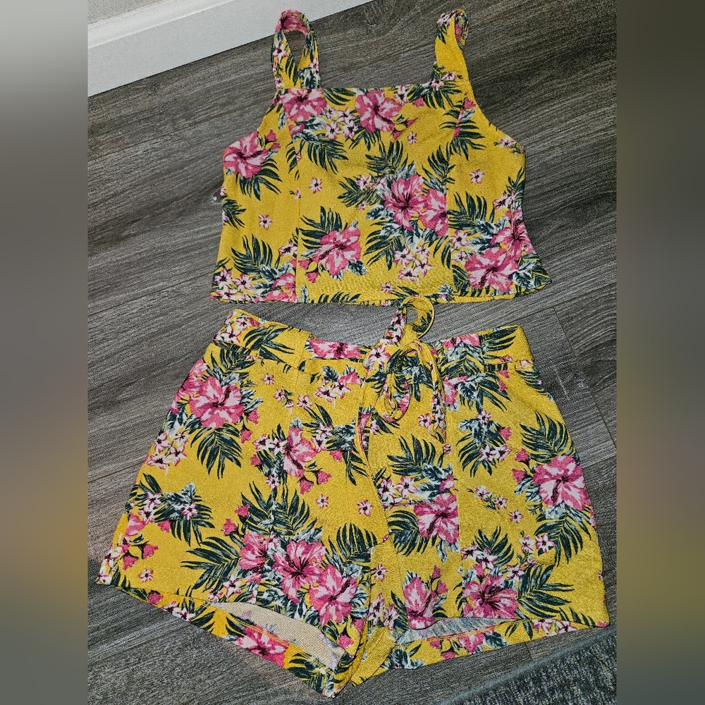2 Two Piece Hawaiian Tropical Floral Print shirt Shorts set No Boundaries Large